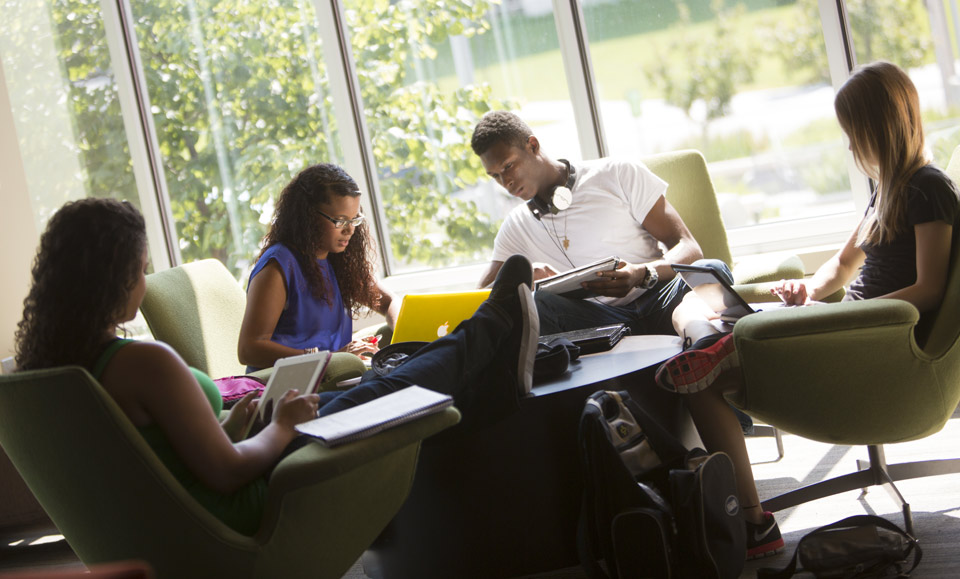 Students in study area of residence hall