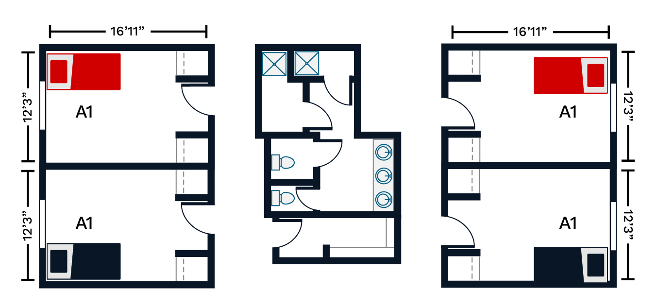 Traditional-style floor plan with common bathroom