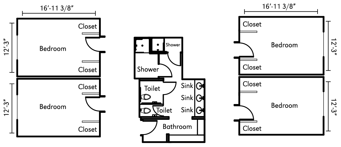 Massengale Residential Center traditional-style floor plan with common bathroom.