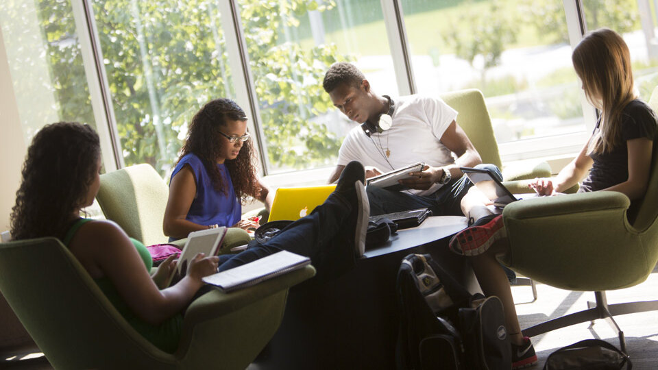 Students in study area of residence hall