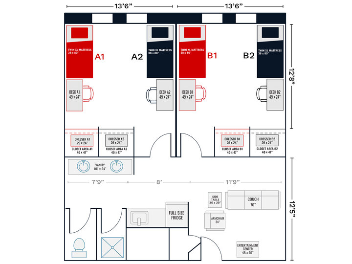 Suites room layout with labeled spaces, including beds, desks, closets, and shared areas with furniture.